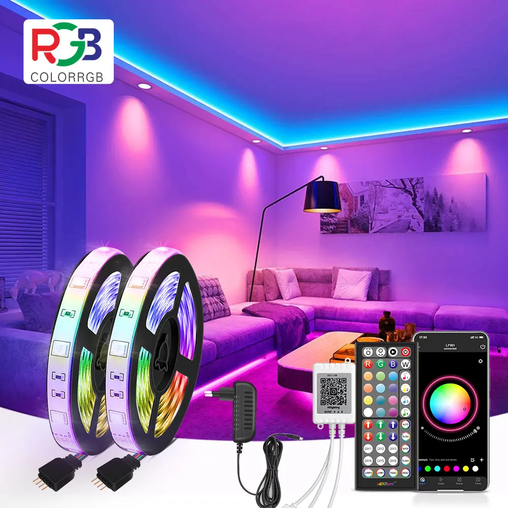 (Enchufe da UE) Luz de tira LED RGB sincronização de música mudança de cor sensível microfone embutido, luzes LED de aplicativo DC12V flexível